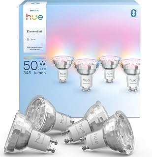 Philips Hue Essential GU10 Spotlight Bulb, Smart LED Bulb, 4 Pack | White and Colour Ambiance Light, Smart LED, 4.7W, 2200K-6500K, 345 Lumens, Dimmable, Bluetooth App Control, Smart Home