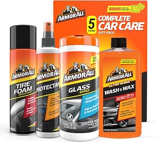 Armor All Car Cleaning Kit, Glass Wipes, Protectant, Wash &amp; Wax, Tire Foam | 4-piece car wash detailing kit with ammonia-free glass wipes and UV protectant spray for interior surfaces