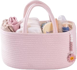 XUANGUO Pink Cotton Rope Baby Diaper Caddy Organizer Basket for Girls | Nursery Storage Bin, Portable Baby Tote Bag for Changing Table or Car, Baby Shower Gifts Bag, Newborn Essentials, Registry