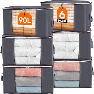 Lifewit 90L Large Capacity Clothes Storage Bags Organizer with Reinforced Handle, Foldable Clothing Storage for Comforters, Blankets, Bedding, with Sturdy Zipper, Clear Window, 6 Pack, Grey