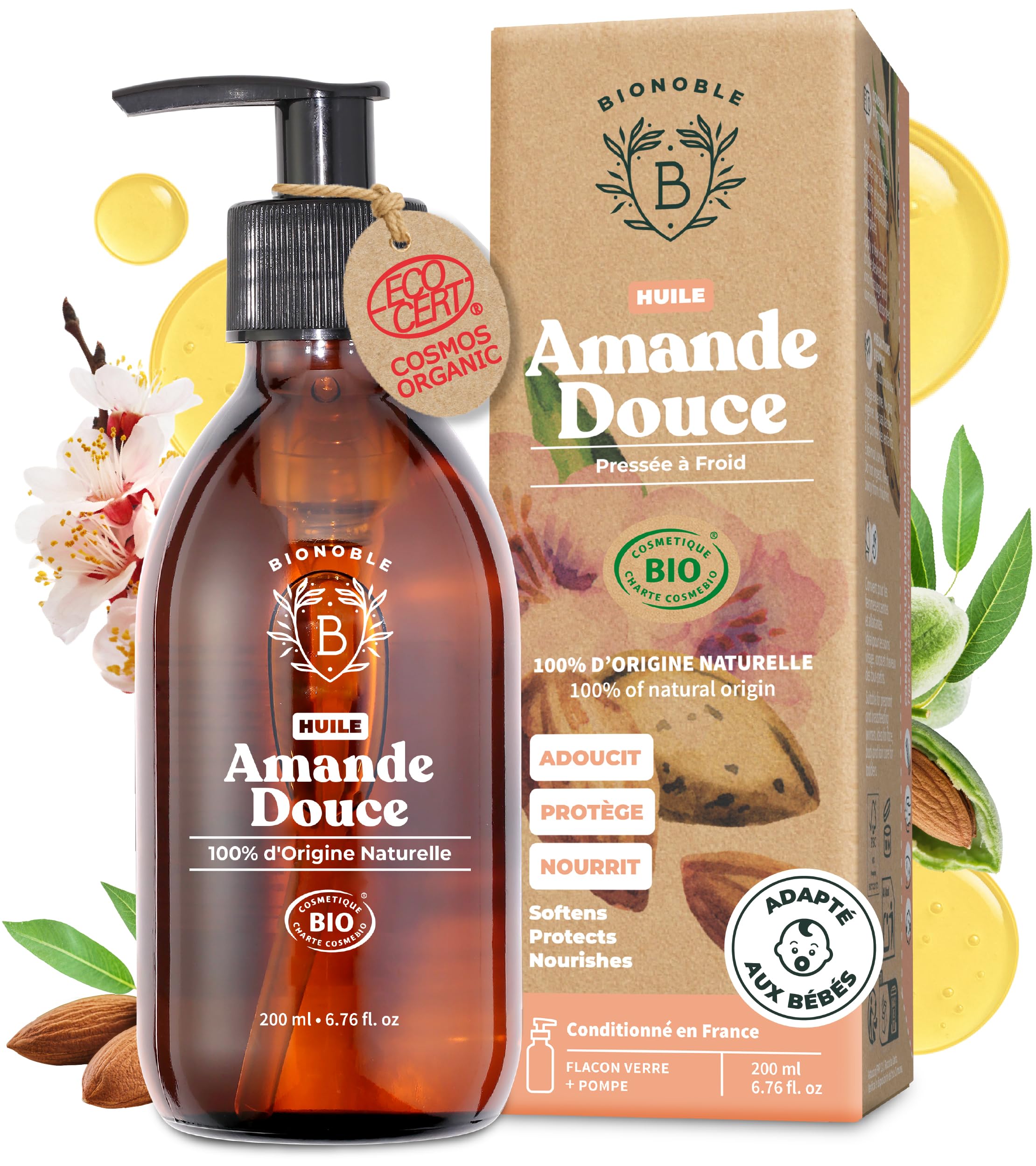 BIONOBLE Organic Sweet Almond Oil for Baby, Body and Hair Massage - 200 ml