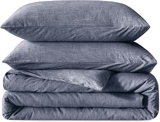 BFS HOME Stonewashed Cotton/Linen Duvet Quilt Cover Queen, 3-Piece Comforter Cover Set, Breathable and Skin-Friendly Bedding Set (Navy, Queen)