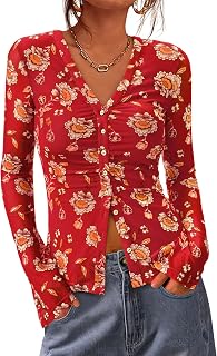 BTFBM Camisas con botones para mujer, a la moda de otoño 2025, cuello en V, blusa de manga larga, malla fruncida, ajustada, estampado floral, estilo bohemio