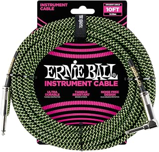 Ernie Ball Braided Instrument Cable, Straight/Angle, 10ft, Neon Green/Black (P06077)