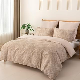 Tokokimo King Duvet Cover Set, Soft Microfiber Summer Bedding Set with 2 Pillowcases, 230 x 220 cm, Beige/Tropical Leaves Pattern