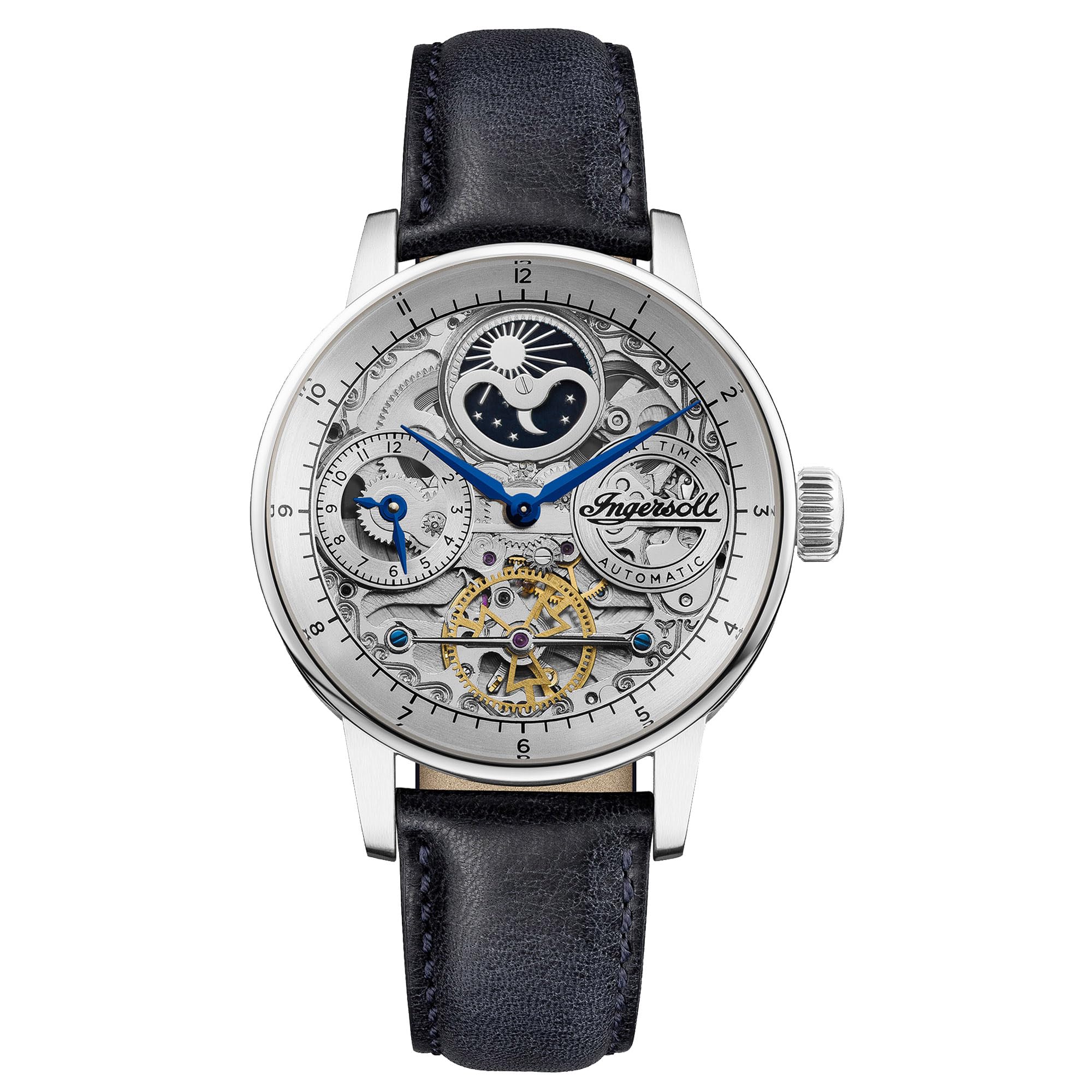 Ingersoll The Jazz Mens 42mm Automatic Moonphase Watch with Silver Skeleton Dial