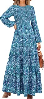 PRETTYGARDEN レディース 秋 ドレス 2026 長袖 流れるようなカジュアル フローラル マキシドレス クルーネック スモック ティアード ロングドレス