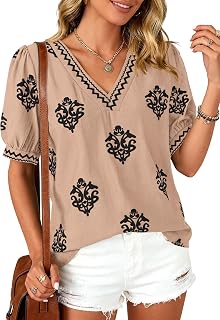 BTFBM T-Shirts d'été décontractés pour Femme, Vacances à la Plage, vêtements à Manches Courtes, Chemisiers, col en V, Tunique bohème