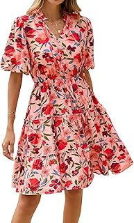 BTFBM Women Summer Floral Short Dresses V Neck Short Sleeve Tiered Ruffle Boho Swing Dress A-Line Mini Dresses