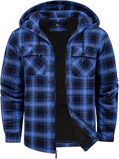 SCODI Mens Flannel Hooded Jacket Fleece Sherpa Lined Zip Up Plaid Hoodies