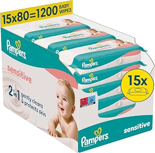 Pampers Sensitive Baby Wipes, 15 Packs of 80 Wet Wipes, 1200 Baby Wipes, 2 | 2-in-1 gentle cleansing and skin protection