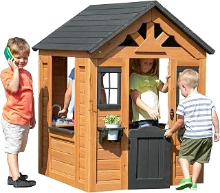 Backyard Discovery Sweetwater All Cedar Wood Playhouse, Half Size Door, Side Window, Play Accessories, Pot and Pans with Utensils, Working Doorbell