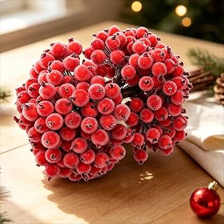 40 Pcs Christmas Artificial Frosted Holly Berries Bouquet with Cherry Stamen Wired Decoration (Red,40pcs)
