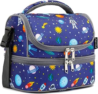FlowFly Double Decker Cooler Insulated Lunch Bag Large Tote for Boys, Girls, Men, Women, With Adjustable Strap,Astronaut
