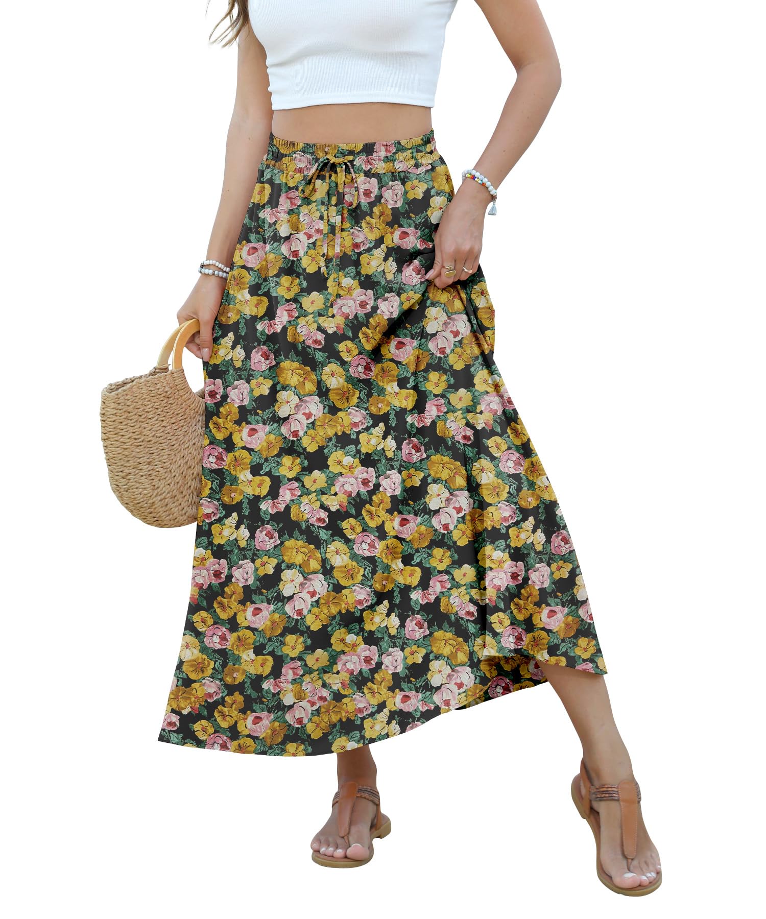 YSYOKOW High Waisted Maxi Skirts for Women Casual Summer Long Skirt with Pockets