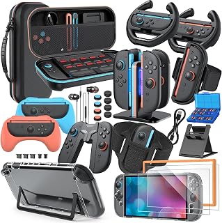 Switch 2 Accessories Bundle, 30-in-1 Kit for Nintendo Switch 2, Black | Carrying Case, Controller Charger Dock, Grips for JoyCon,Steering Wheels for Mario Kart,Protective Cover for Switch 2 Console