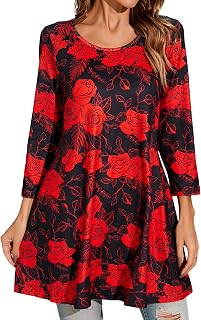 Enmain Womens Tunic Top 3/4 Long Sleeve Tunics for Women UK Plus Size Round Neck Longline Tops for Leggings Ladies Swing T Shirt Casual Loose Stretch Comfortable Blouses Shirts S-5XL