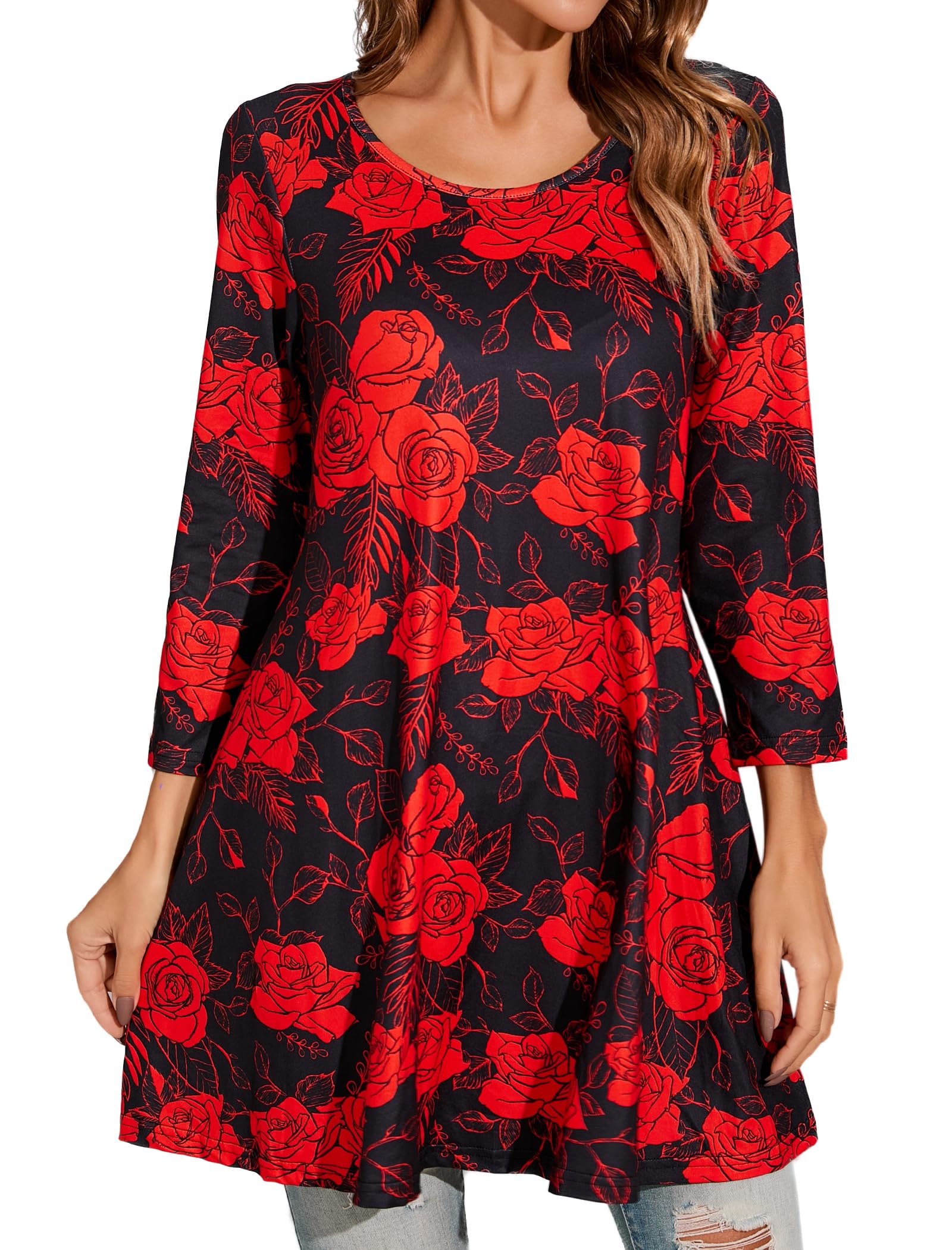 Enmain Womens Tunic Top 3/4 Long Sleeve Tunics for Women UK Plus Size Round Neck