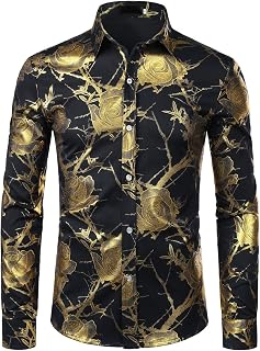 ZEROYAA Men's Nightclub Shiny Golden 3D Rose Printed Slim Fit Button Down Party Dress Shirt