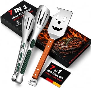 7-in-1 MultiFunction BBQ Tool with Food Tongs | Stainless Steel Grill Spatula with Wooden Handle & Silicone Grip Tongs | Non-Stick, Camping & Outdoor Cooking Tools for BBQ, Grilling, Frying & Baking