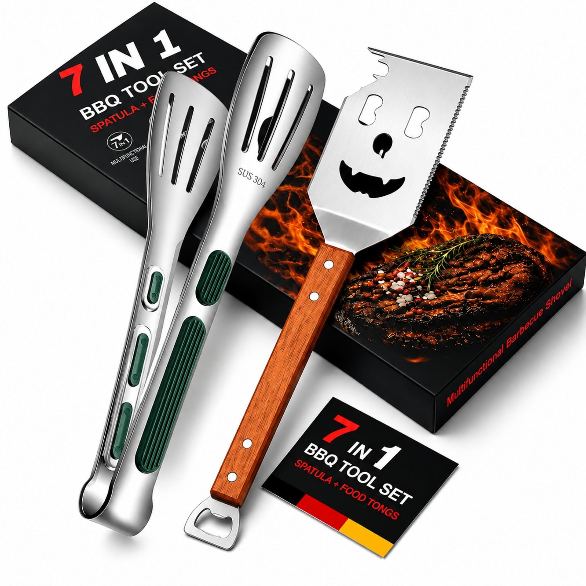 7-in-1 MultiFunction BBQ Tool with Food Tongs | Stainless Steel Grill Spatula wi