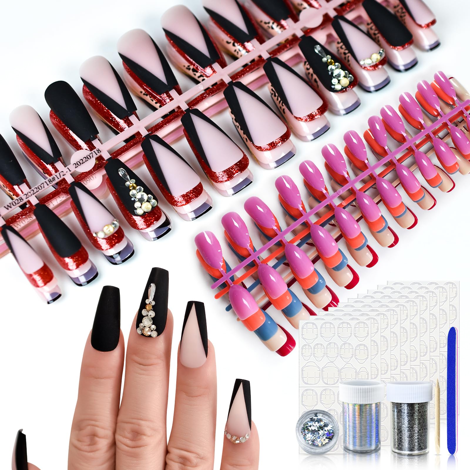 10 Packs Press on nails, Mix Color Glossy Red Purple False Nails, Long Salon Pre
