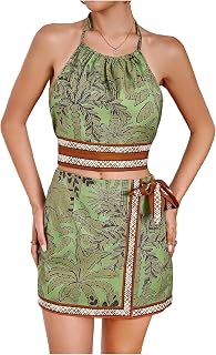 SweatyRocks Women's Tropical Halter Top and Shorts 2 Piece Vacation Outfits