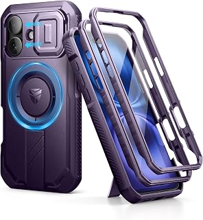 Dexnor for iPhone 16 Case with Slide Camera Cover&Adjustable Kickstand & Built-in Screen Protector,Compatible with MagSafe Shockproof Bumper Cases Heavy-Duty Magnetic Protective Cover,Phantom Purple