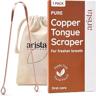 Arista Copper Tongue Scraper for Adults & Kids – 100% Pure Copper Tongue Cleaner – Extreme Bad Breath Treatment for Adults, Oral Detox & Hygiene – 1 Pack with Travel Pouch