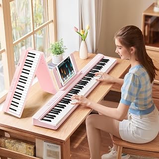 TERENCE V20 Folding Piano Keyboard 88-Key Semi-Weighted Digital Piano Pink | Foldable Design, Built-in Rechargeable Battery, 4 Speakers, Bluetooth, Recording, Type-C MIDI and Pedal Support