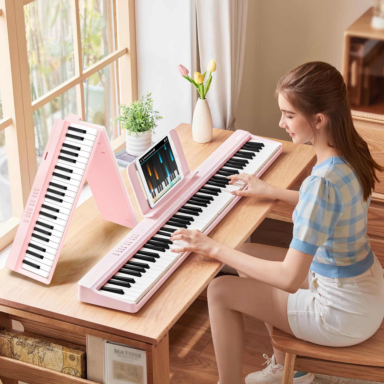 TERENCE V20 Folding Piano Keyboard 88-Key Semi-Weighted Digital Piano Pink | Fol