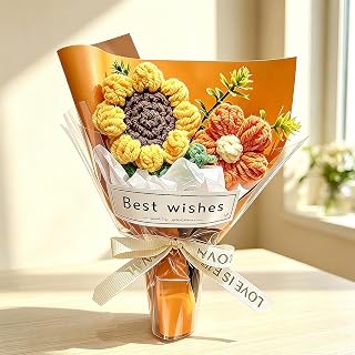 Crochet Flowers Bouquet, Handmade Knitted Bouquet, Knitted Sunflower Orange | Mini Crocheted Eternal Artificial Flowers for Home Decor Birthday Office Desk Gift for Mom Teacher