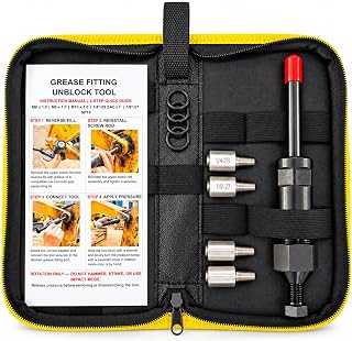 VUEMOVA Grease Fitting Cleaning Tool, Heavy Duty Industrial Grease Unclogger for Clogged Zerk Fittings, Screw-Driven Pressure, 4 US & Metric Thread Adapters, Storage Bag, Long 8.7 in