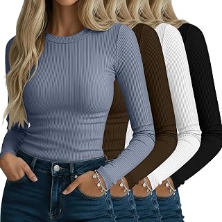 Neer 4 Pack Women's Ribbed Long Sleeve Shirts Cotton Basic Tops