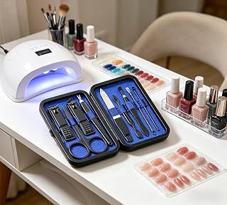 Luxury 9 in 1 Manicure Set - Premium Stainless Steel Grooming Kit with Elegant Leather Case - Blue