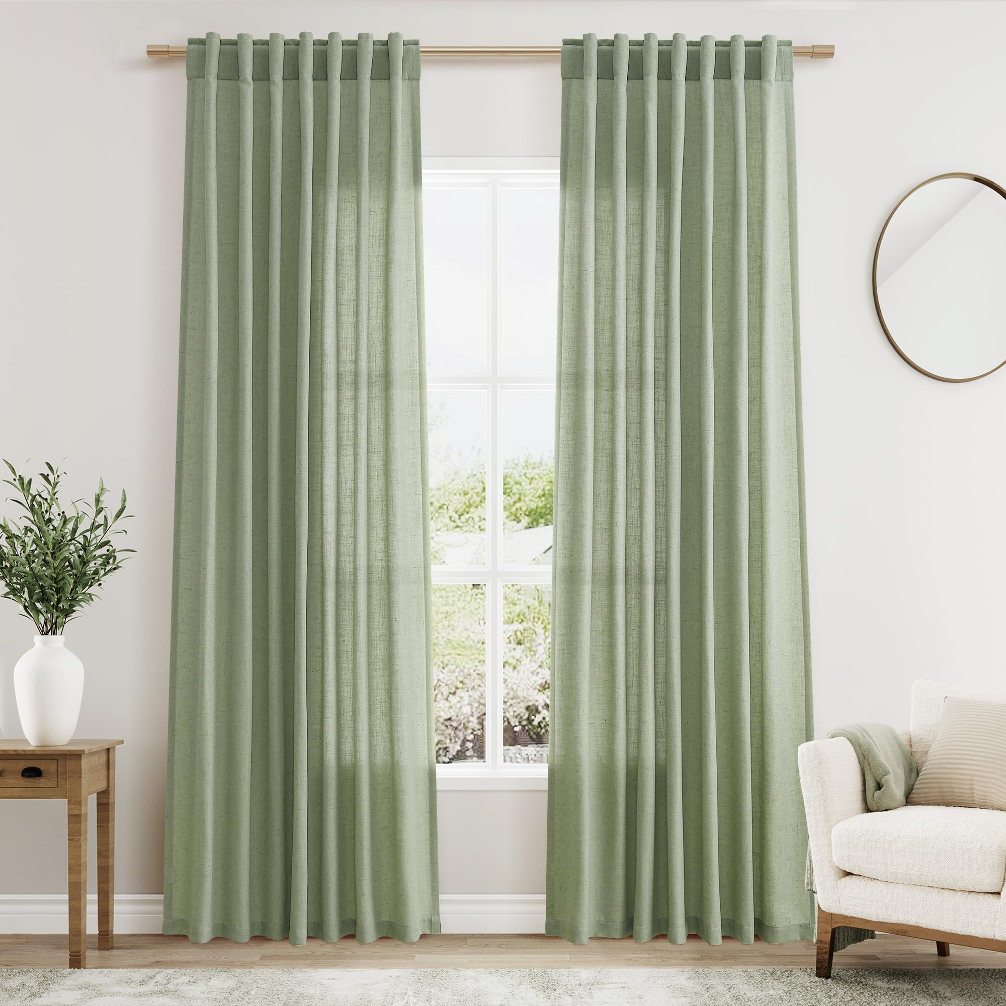 Nanspring Light Sage Linen Curtains 84 Inch Length 2 Panels Set for Living Room 