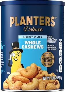 PLANTERS Deluxe Lightly Salted Cashews, Plant Based Protein, 18.25Oz (1 Ct) | Whole Roasted Cashews. Snacks for Adults. Resealable Canister. Plant Based Protein Snack. Pantry Staples