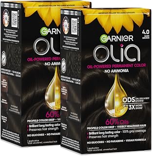 Garnier Olia Hair Color, Ammonia-Free Permanent Hair Dye, Oil-Powered Formula for 100% Gray Coverage and 3x Shinier Hair, Vegan &amp; Cruelty Free, 4.0 Dark Brown, 2 Count