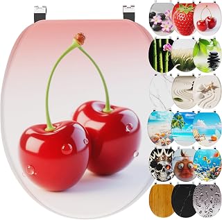 Ribelli Toilet Seat with Soft-Close Mechanism, Toilet Lid O-Shape in Many Designs, Toilet Lid, Easy Assembly, Easy to Clean, Approx. 46 x 37 cm (Cherries)
