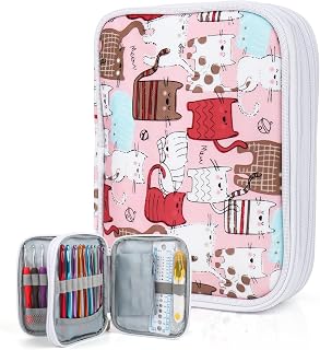 Katech Crochet Hooks Case Empty Zipper Bags Portable Travel Crochet Storage Bag Organizer with Web Pocket and Crochet Holder Slots for Carrying Various Crochets Needles (Pink)