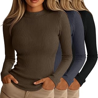 Riyiper Pack of 3 Women's Ribbed T-Shirts: Turtleneck Long Sleeves, Bodycon Tank Tops, Basic Casual Layering