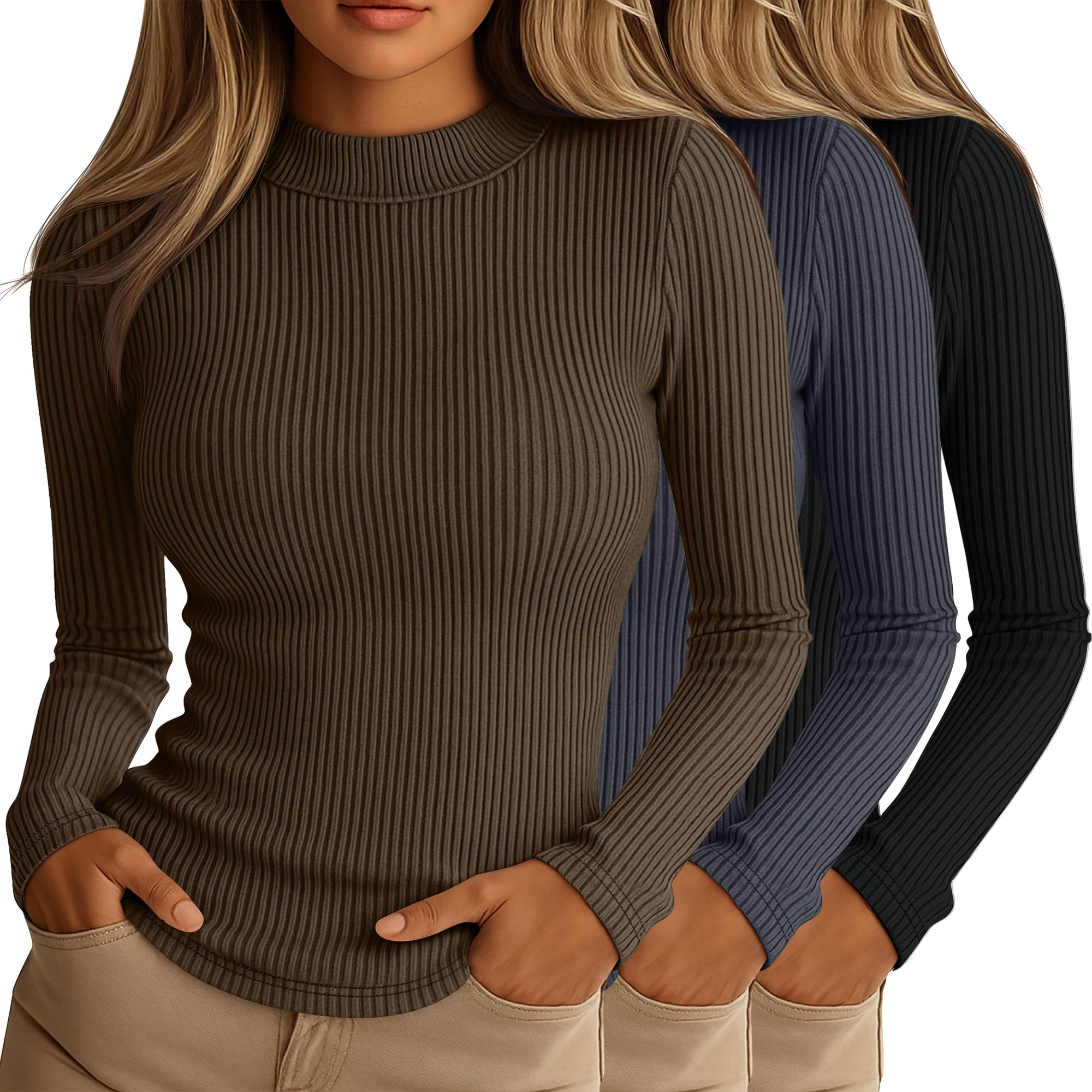 Riyiper Pack of 3 Women's Ribbed T-Shirts: Turtleneck Long Sleeves, Bodycon Tank