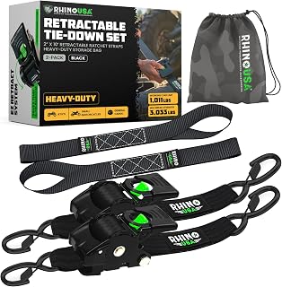 Rhino USA Retractable Ratchet Straps (2-Pack) - 2in x 10ft, 3,033lb, Black | Heavy Duty Auto Self Retracting Tie Downs. For Truck, Cargo Trailer, Motorcycle &amp; UTV, Tangle-Free Storage. Black