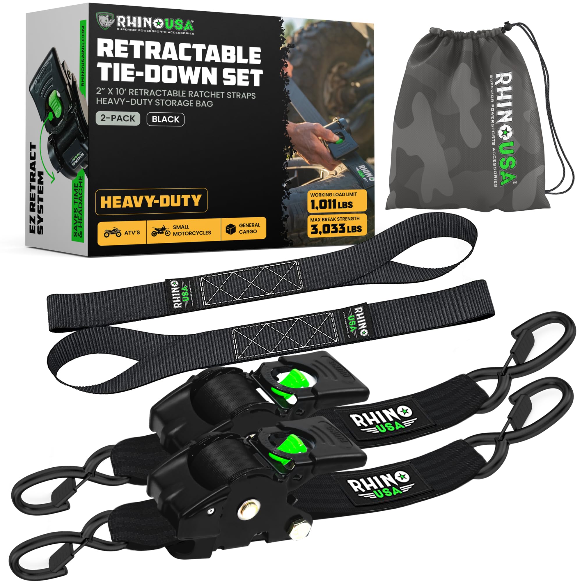 Rhino USA Retractable Ratchet Straps (2-Pack) - 2in x 10ft, 3,033lb, Black | Hea