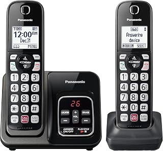 Panasonic Cordless Phone with Answering Machine, 2 Handsets Landline Phone | Home phones landline cordless featuring an answering machine, call block and caller ID, Metallic Black, KX-TGD832M