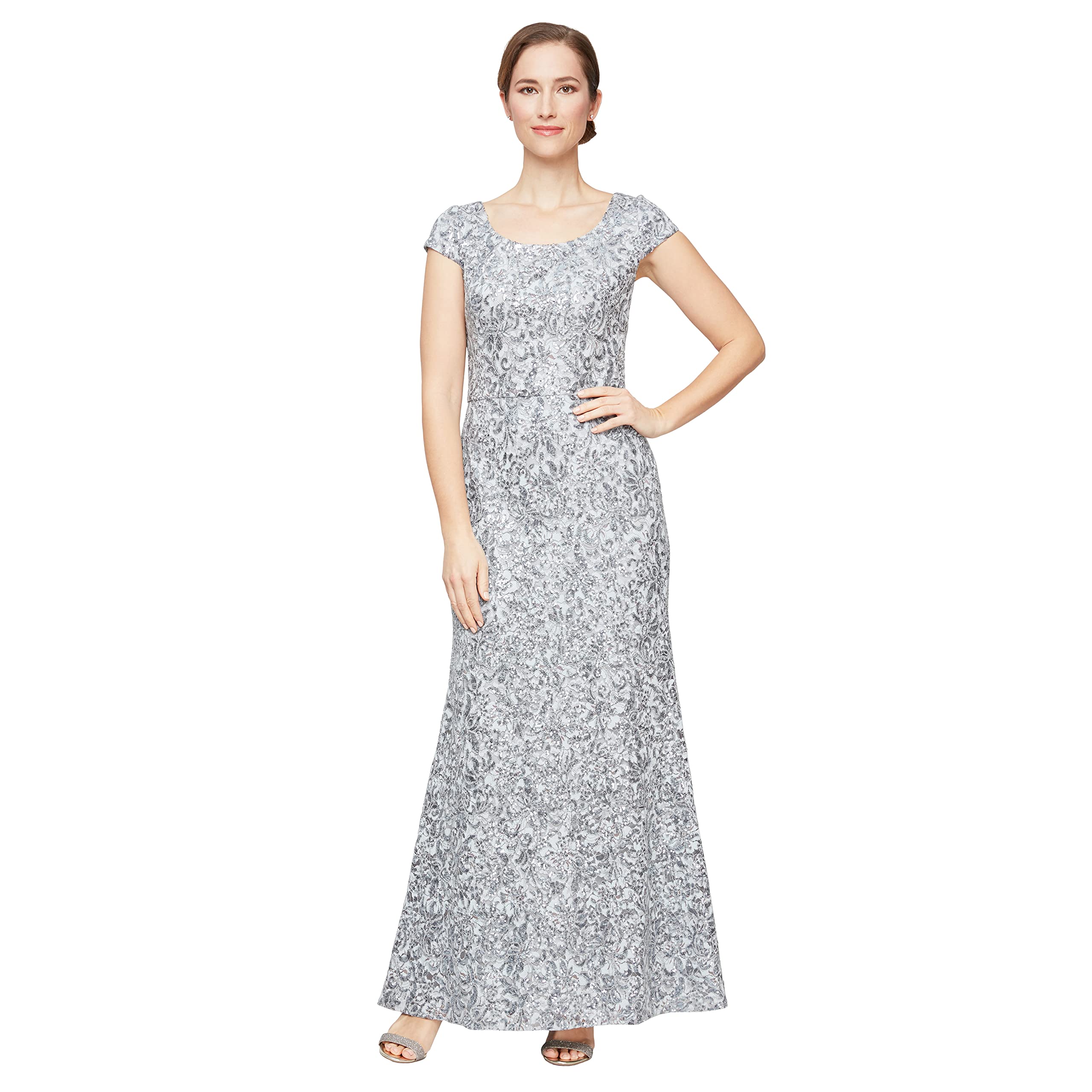 Alex Evenings Womens Long Embroidered Cap Sleeve Dress