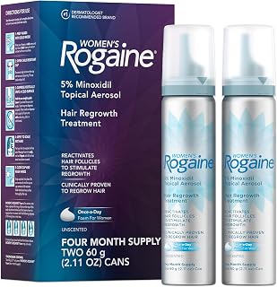 Women's Rogaine 5% Minoxidil Topical Foam, Unscented, 2 x 2.11 oz | Once-a-Day Hair Loss Treatment for Women, Regrow Fuller, Thicker Hair, Unscented, 4-Month Supply
