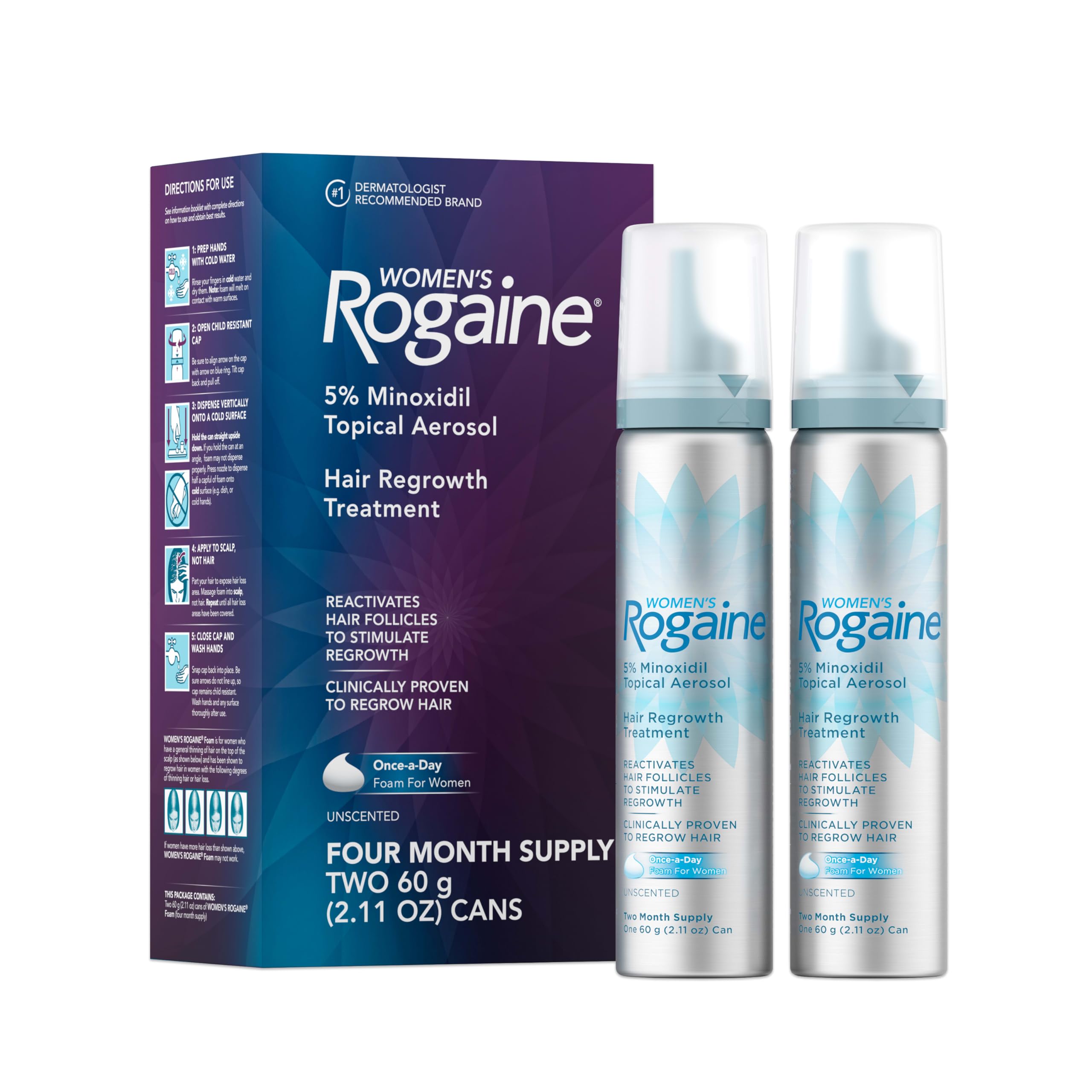 Women's Rogaine 5% Minoxidil Topical Foam, Unscented, 2 x 2.11 oz | Once-a-Day H