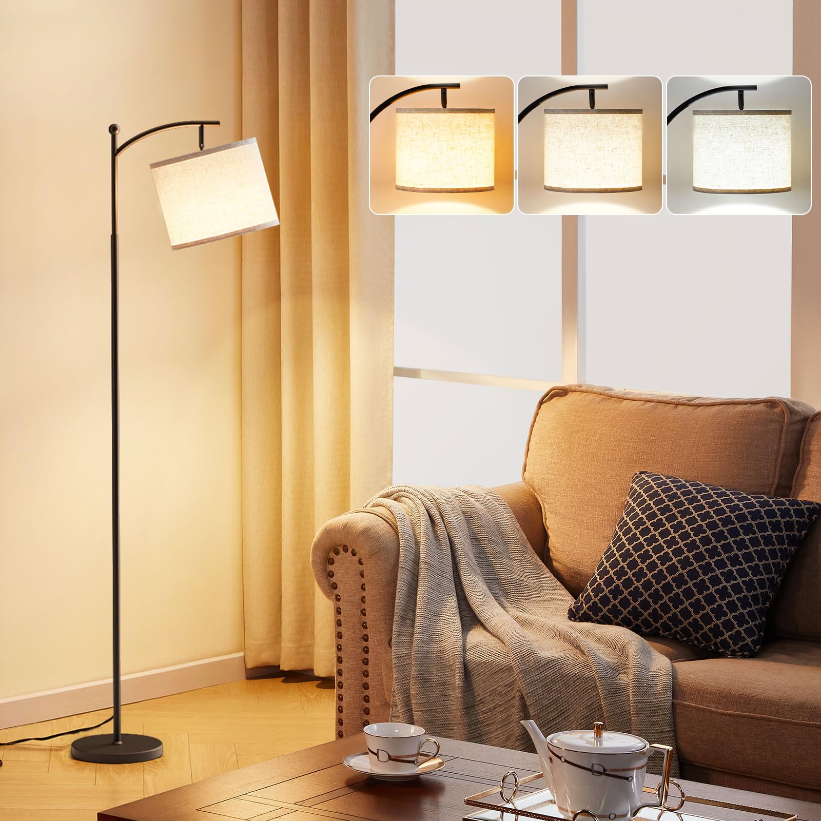 Ambimall 60" Modern Floor Lamp with Beige Shade, 9W LED Bulb | 3 Color Temperatu