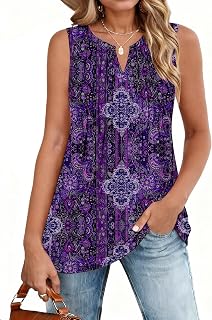 Zeagoo Camiseta sin mangas plisada de verano para mujer, cuello en V, elegante, casual, holgada, bohemia